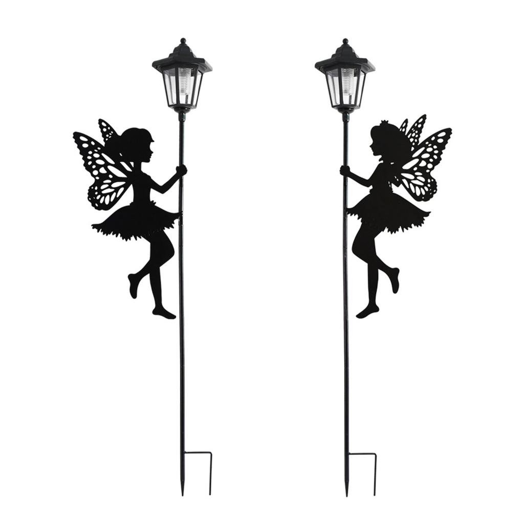 Solar Powered Fairy Silhouette Garden Stake Lights Set of 2 Outdoor Decorative Hexagonal Lamp Posts for Yard Pathway Lawn Lighting