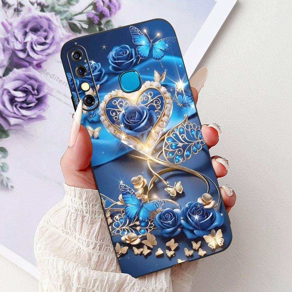 For Infinix Hot 8 Phone Case Hot 8 Lite Hot8 X650 X650C X650B X650D Elegant Floral Cat Pattern Black Silicone Soft TPU Cases