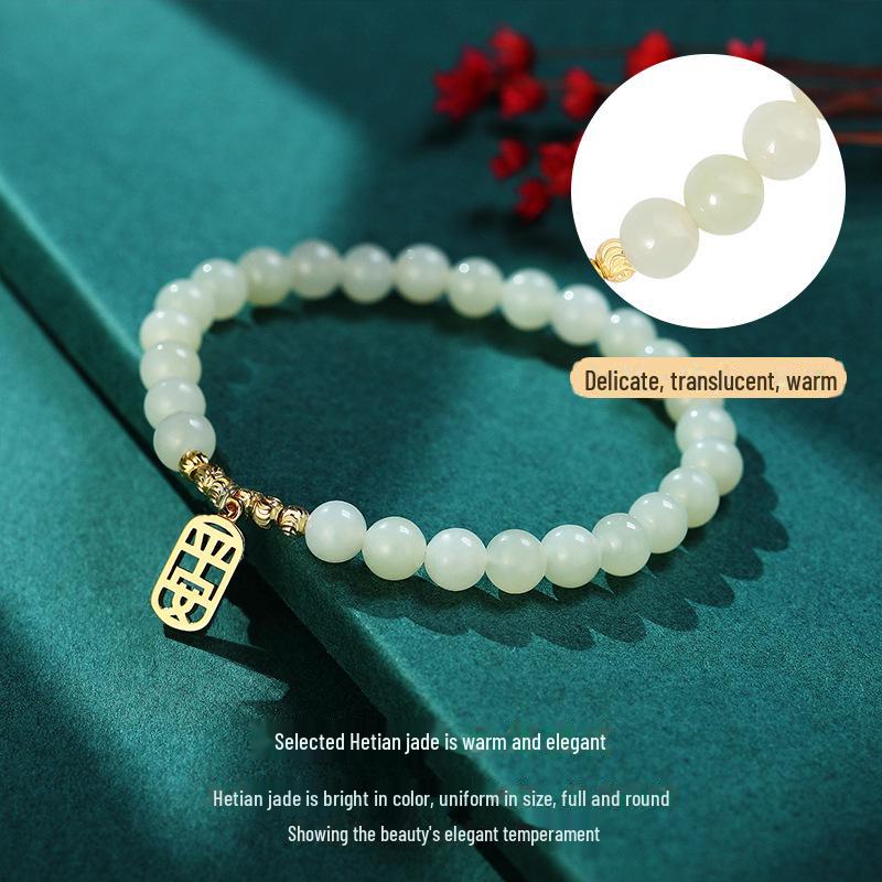 Palace-Style Hetian Jade & Sterling Silver Women's Blessing Bracelet - Niche Design Round Bead Jewelry