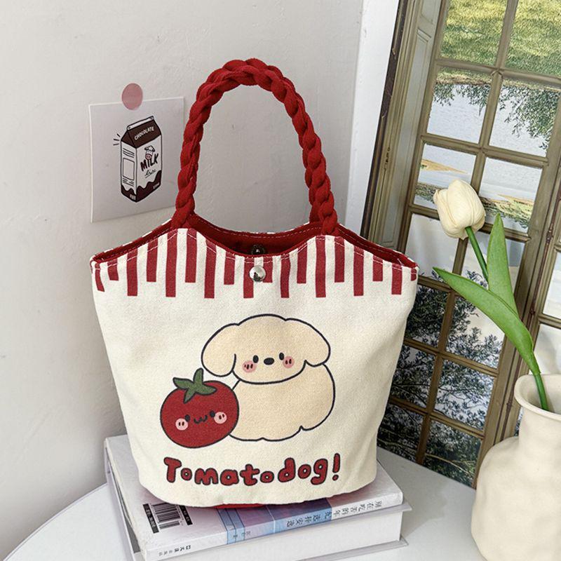 2025 Cute Cartoon Zipper Canvas Bucket Bag - Small Tote for Students and Moms