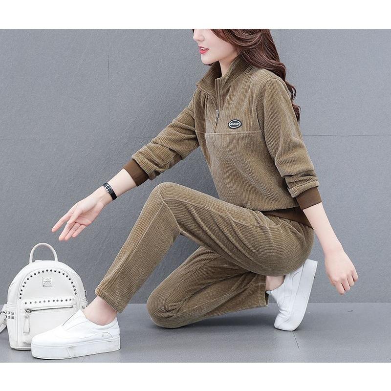 Corduroy Casual Sports Suit for Women, Spring and Autumn Loose Large Size Fashionable Two-piece Set