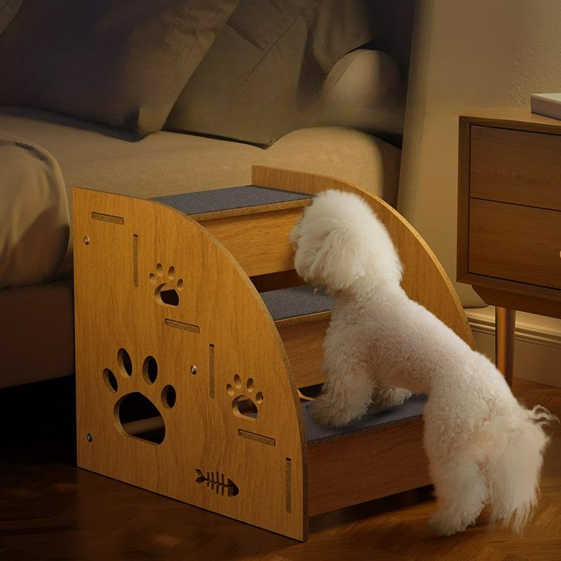 Wooden Dog Stairs Steps Non-Slip Blue Carpeted Steps Sturdy Pet Stairs Safe Pet Ladder Medium Dog Puppy Joint Safety Stairs