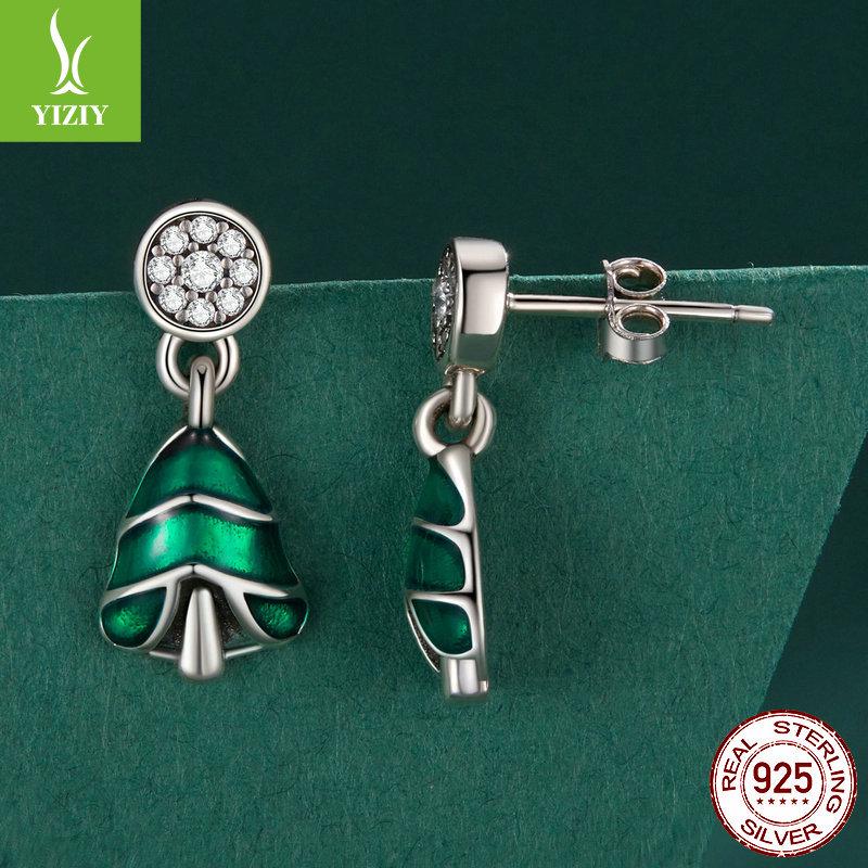 Yinziyun Christmas Tree Sterling Silver Stud Earrings for Women - Trendy Green Enamel Holiday Jewelry.