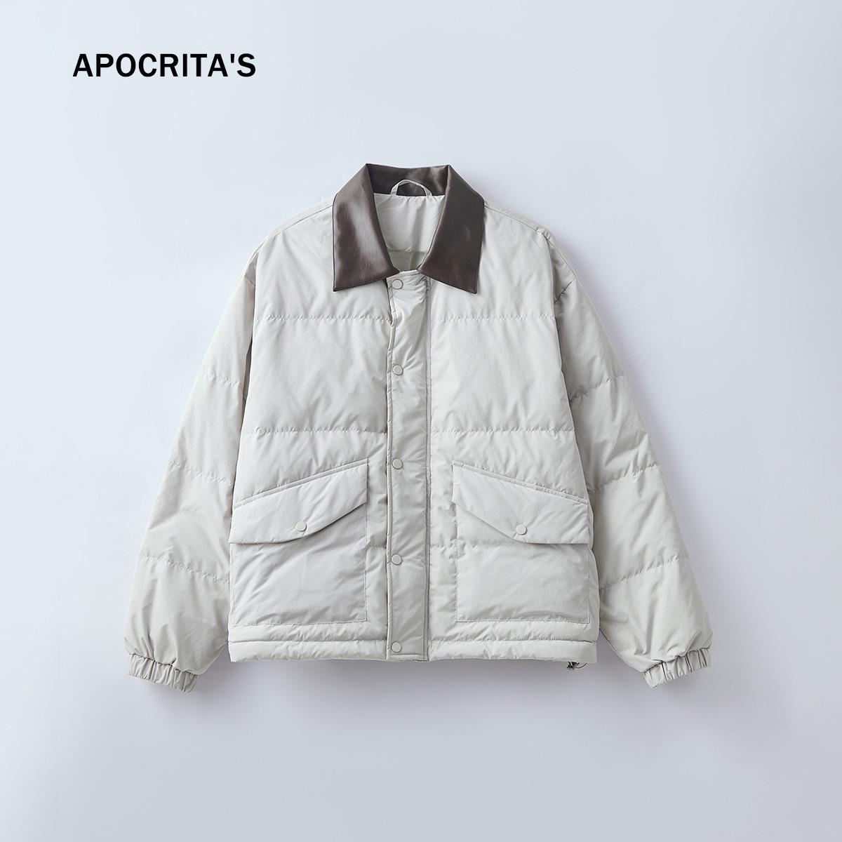

APO Menswear | Men s Winter PU Lapel Jacket - White Duck Down, Warm, Loose Patchwork Design Large абрикосовий