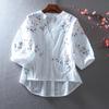 Lace Embroidered V-Neck Slimming Shirt for Women - Summer Casual, High-Waisted, Medium Sleeve