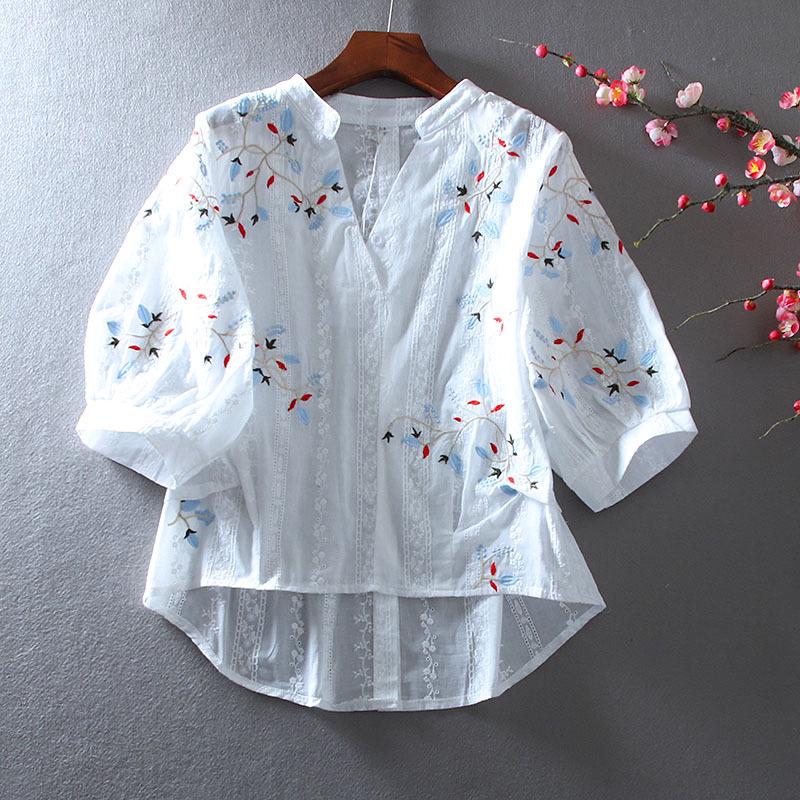 Lace Embroidered V-Neck Slimming Shirt for Women - Summer Casual, High-Waisted, Medium Sleeve