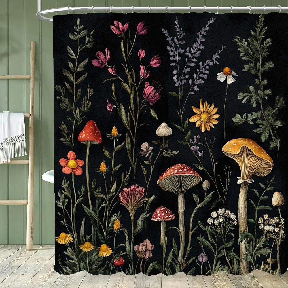 Duschdraperi med Växter och Blommor och Svampar, Blommig Botanisk Vintage Bohemisk Stil Badrum Dekorativt Duschdraperi