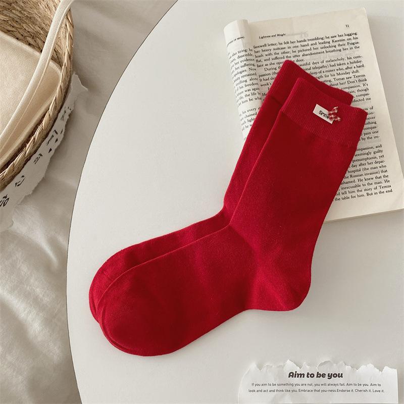 Red Socks for Women's Autumn and Winter Cotton Socks, Cute and Trendy New Year Long Socks