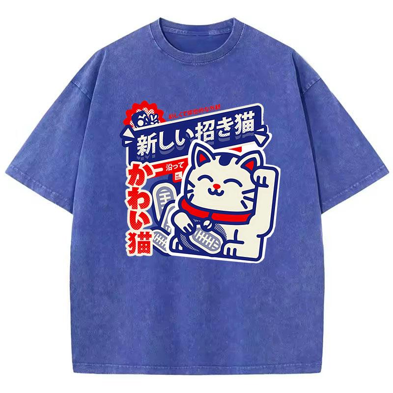 Manga T Shirt Vintage Washed Cotton T-Shirt Japanese Style Anime Cat Graphic Tee Casual Streetwear Spring Tops