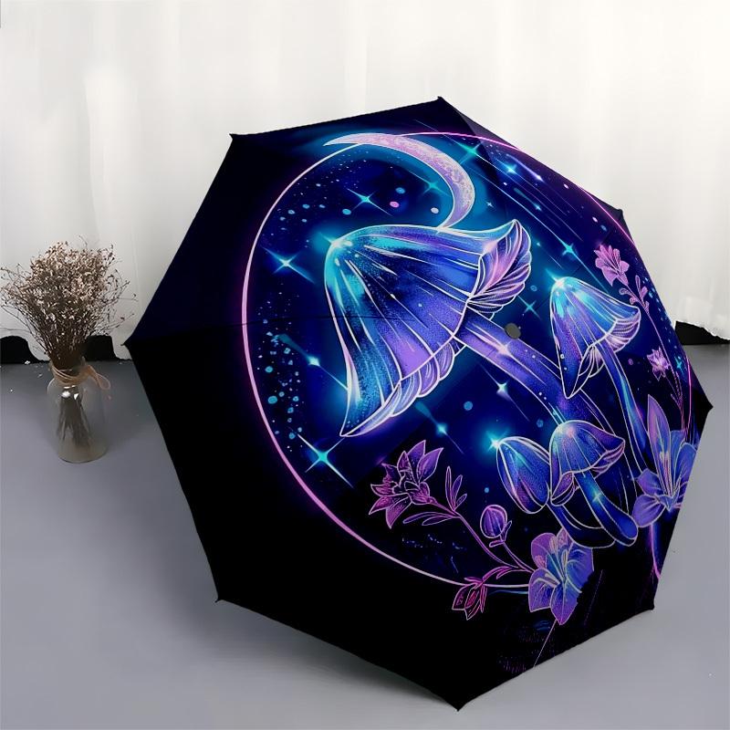 1pc Fantasy Mushroom Night Scene Umbrella with Plastic Handle,Vibrant Cartoon Pattern,Multi-functional UmbrellaB1968