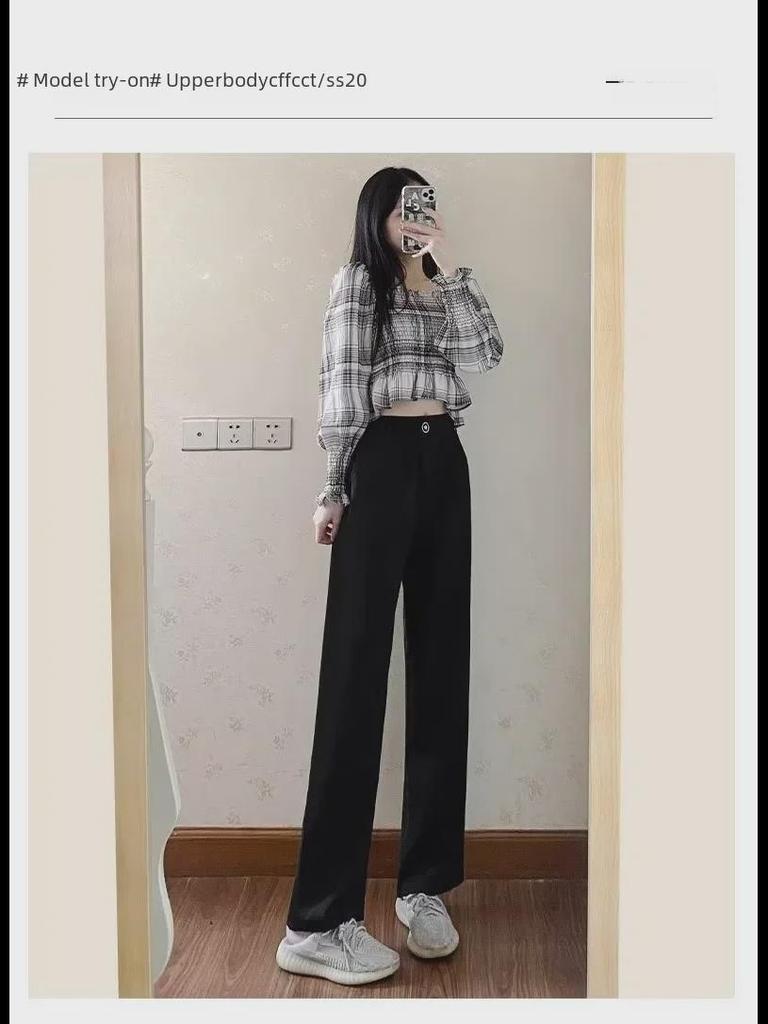 Women's Black Wide-Leg Suit Pants, 2024 Spring Design, High-Waist, Loose Drape, Floor-Length Casual Trousers