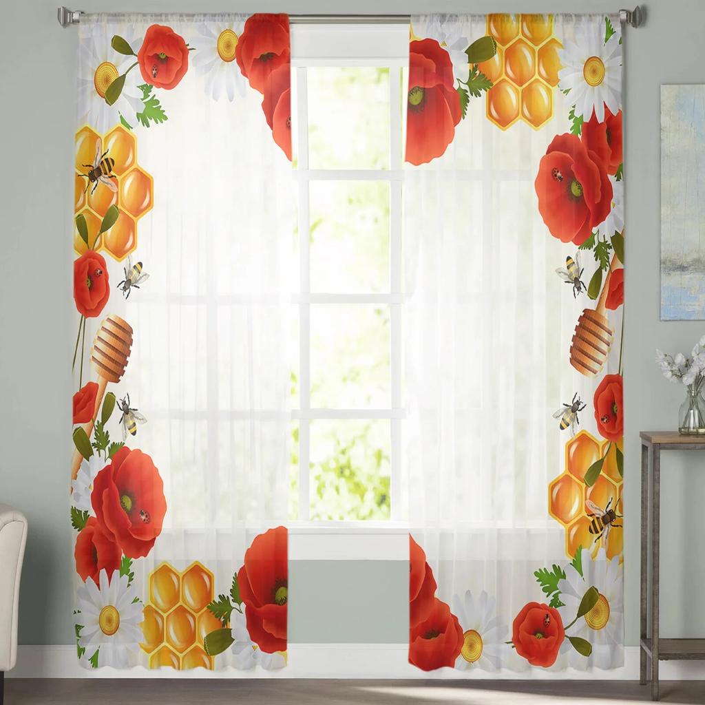 Bee Hive Daisy Poppy Flower Transparente Fenstervorhänge für Wohnzimmer, Küche, Kinderzimmer, Voile-Hängevorhang