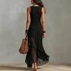 European and American solid color sleeveless round neck splicing irregular chiffon ruffle edge elegant holiday dress