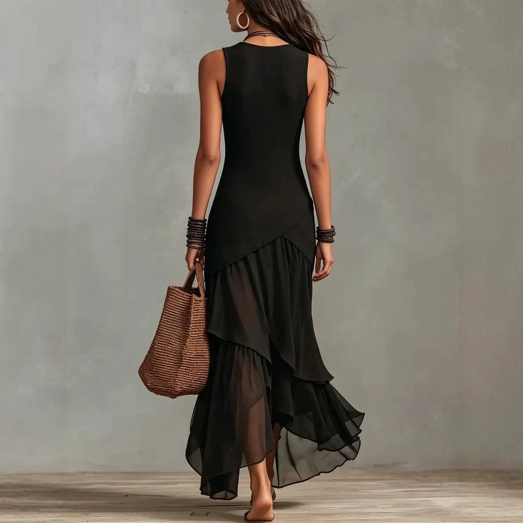 European and American solid color sleeveless round neck splicing irregular chiffon ruffle edge elegant holiday dress