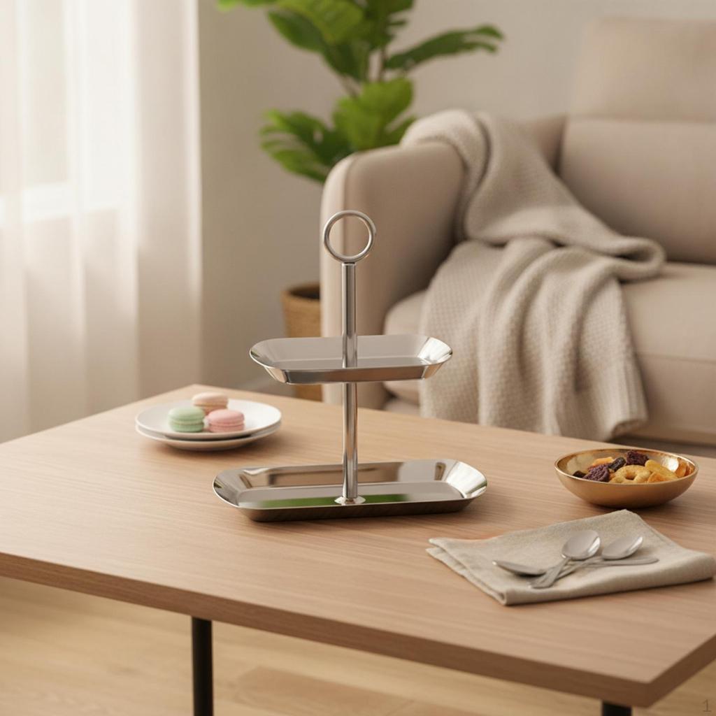 Dessert Display Stand with Circular Grip Handle Stainless Steel TwoTier Tabletop