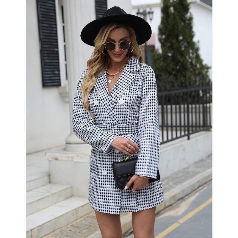 

Осенне-зимнее женское клетчатое платье с лацканами 2XL белый/чёрный