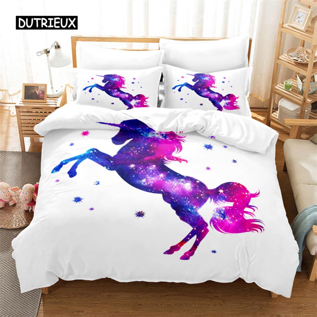 Einhorn-Bettwäscheset, Einhorn-Bettbezug, 3D-Bettwäsche, Digitaldruck, Bettwäsche, Queen-Size-Bettwäscheset, modisches Design