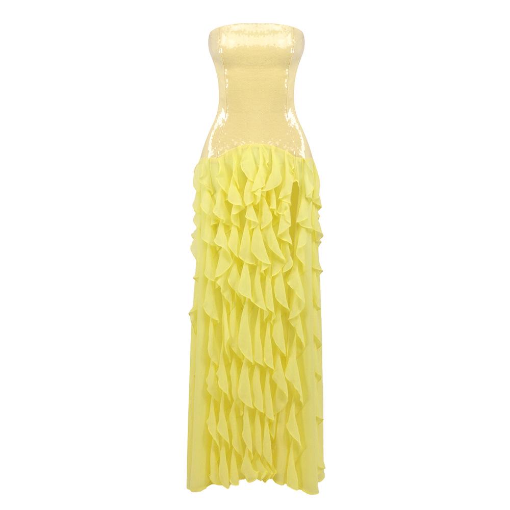 

Sequined Yellow High-Waisted Bandeau Dress with Ruffles - European & American Spring Design for Women S жёлтый