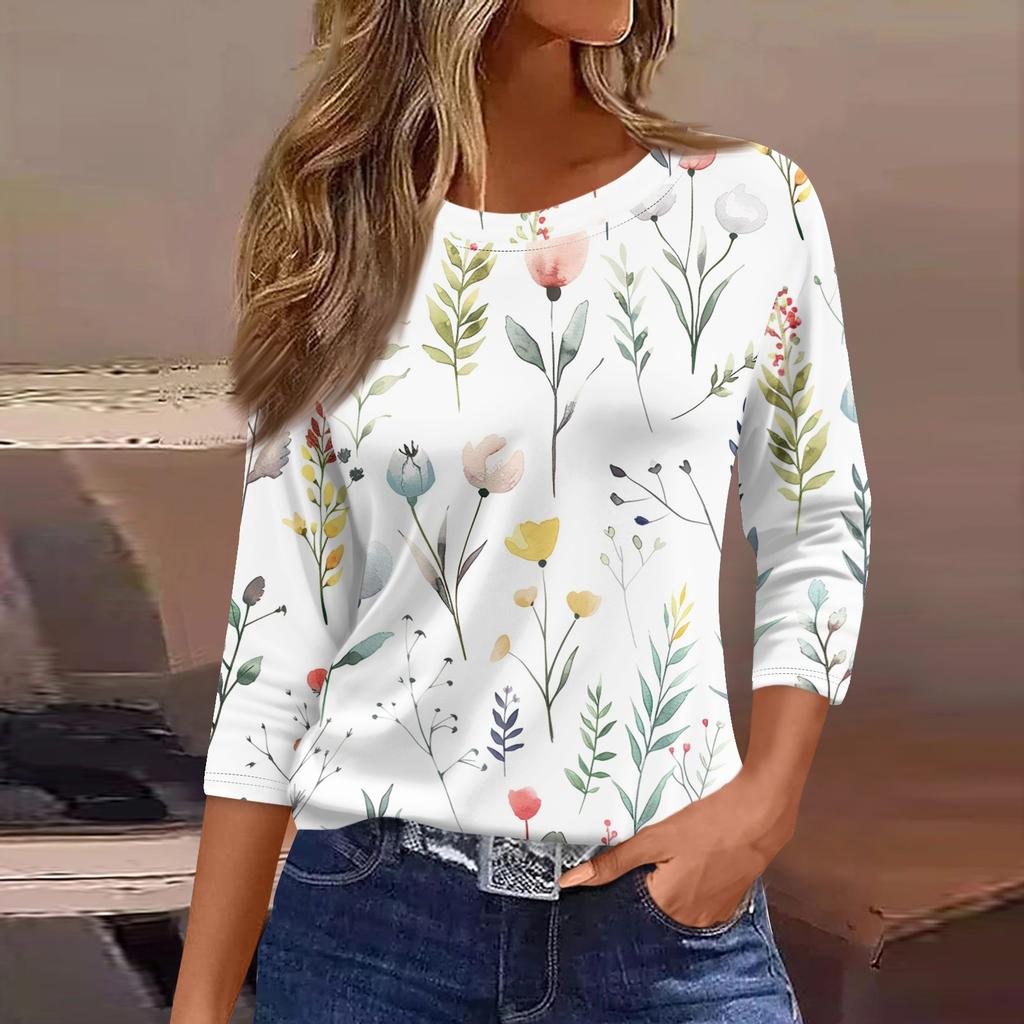 Women's Three-Quarter Sleeve Shirt, Round Neck, Loose Fit, Casual Shirt, Floral Print T-Shirt, Summer