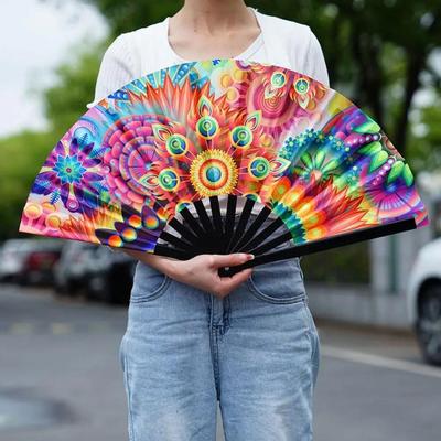 Colorful Foldable Handheld Rave Fan Folding Rainbow Folding Fan Large Folded Hand Fan Dance
