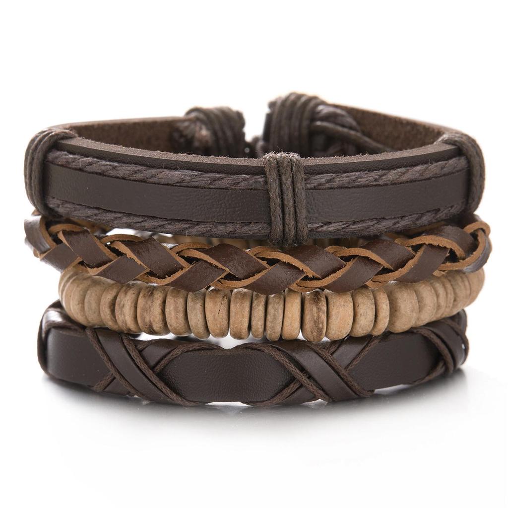 Men's Multi-Layer Bracelet Set with Wooden Beads and Braided Leather