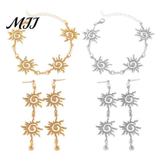 Retro Bohemian Earrings Bracelet Double Sun Spiral Pendant Ethnic Style Micro-Paved Cubic Zirconia Inlaid Shape Drop Jewelry Gift