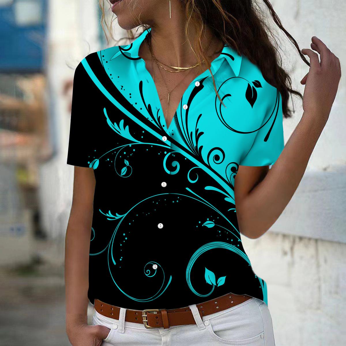 

2025 Summer New Fashion Women s Feather Printed Short Sleeve V-neck Casual Button-down Shirt Top XS синій