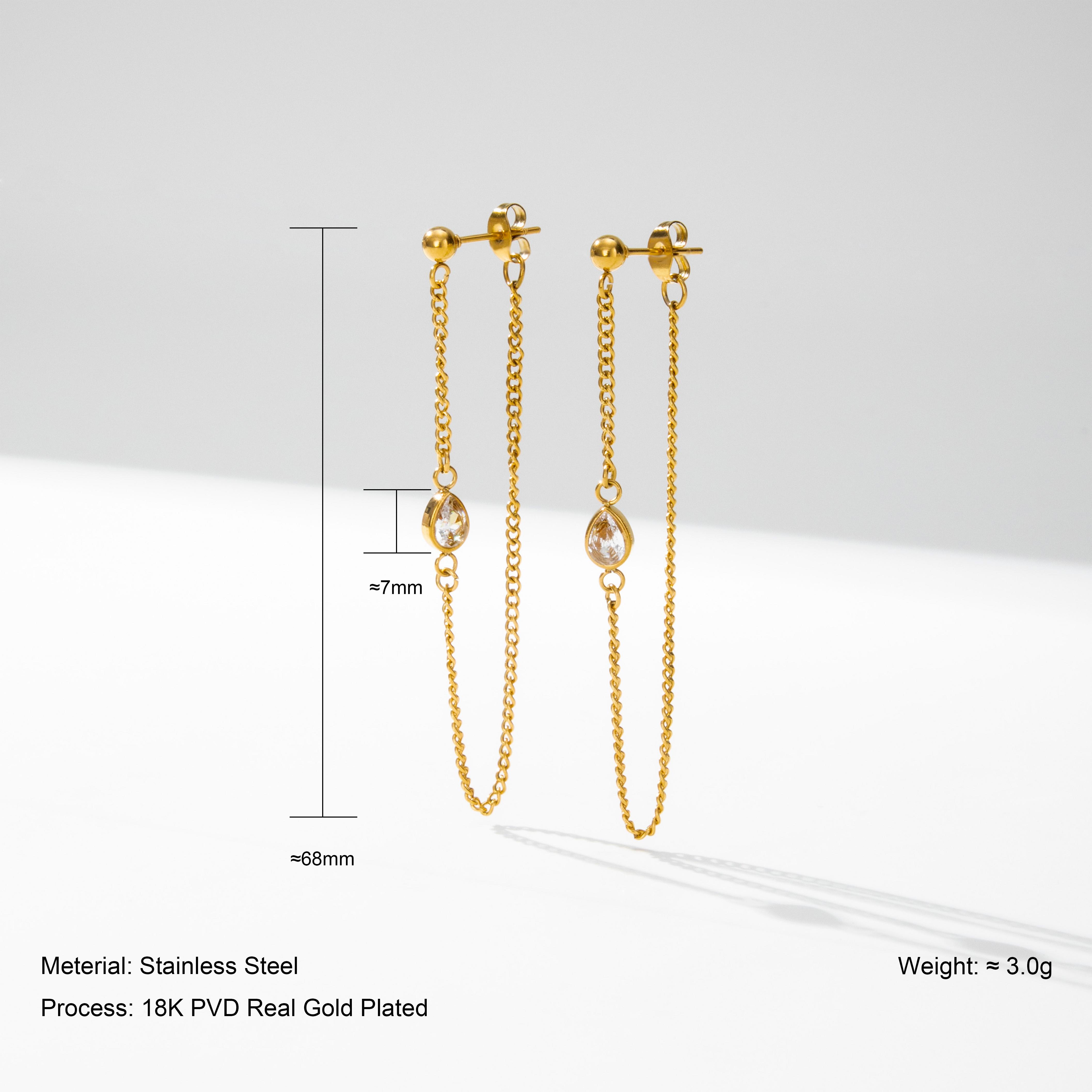 YF7051 Hypoallergenic 18K PVD Gold Plated Stainless Steel Jewelry Water Drop Zircon Long Tassel Chain Stud Earrings