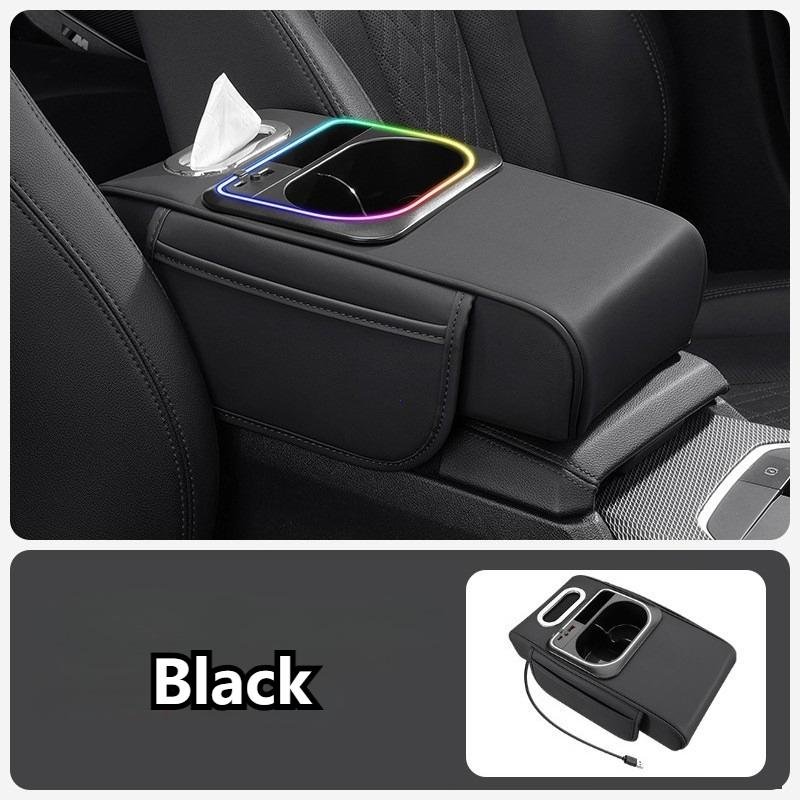

Car Armrest Cover with Ambient Lighting LED Auto Arm Rest Pad with Cup Holder Organizer Tissue Box Car Armrest Heightening Pad