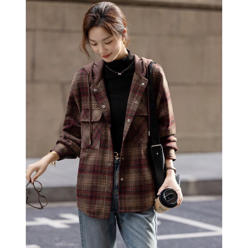 Demana Women's Wool Blend Lined Plaid Hooded Winter Coat