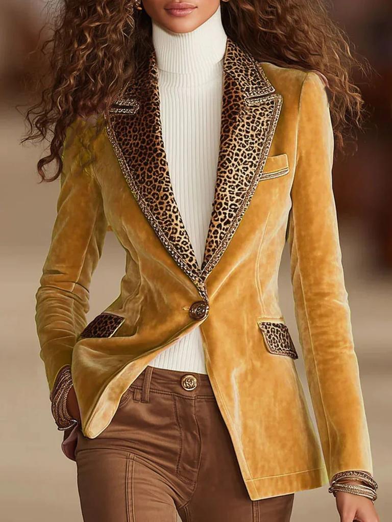 Women'S Long-Sleeved Solid Color Spliced Lace Gold Velvet Jacket