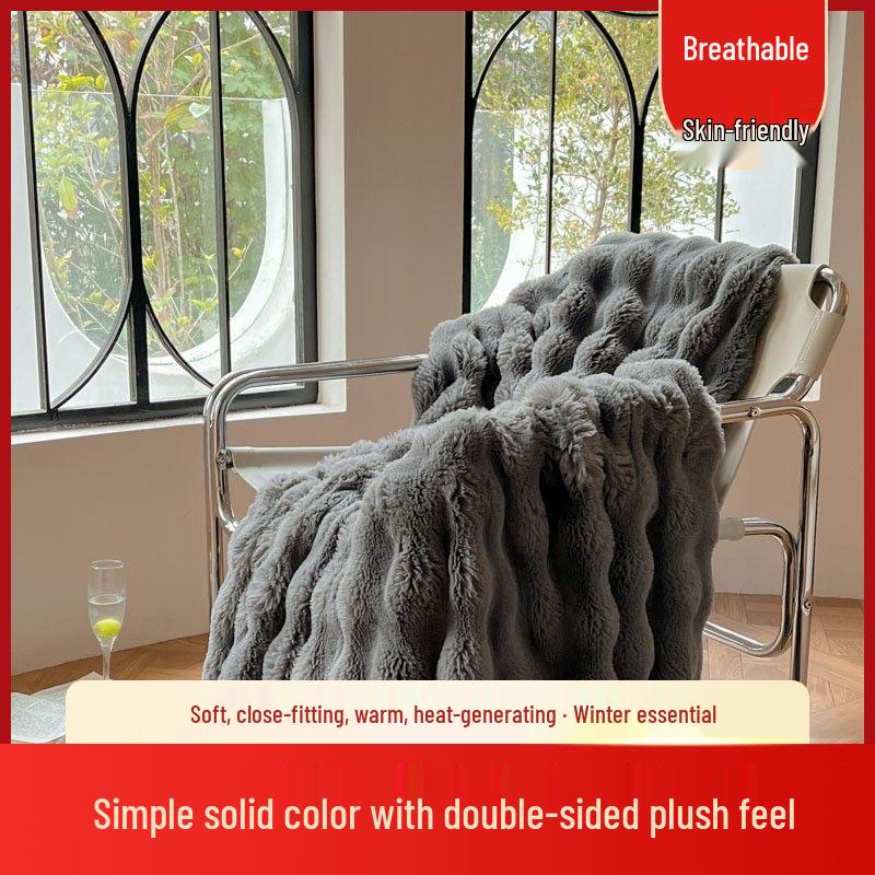 Autumn-Winter Double-Layer Faux Rabbit Fur Plush Nap Throw Blanket Shawl