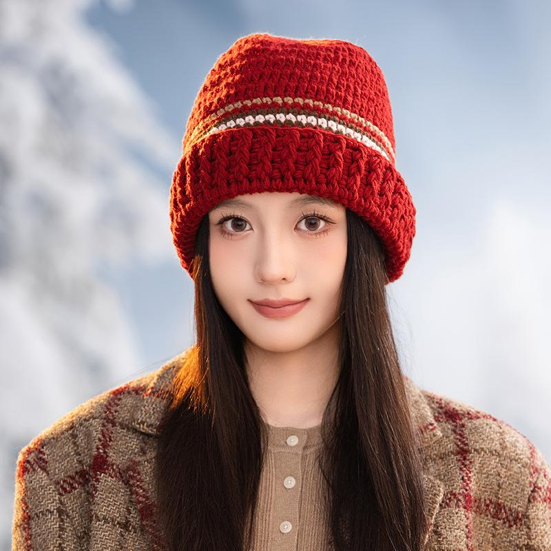All-match Color Blocked Striped Wool Hat for Women In Autumn and Winter Outdoor Travel Windproof Ear Protection Hat Thickened Warm Pullover Hat