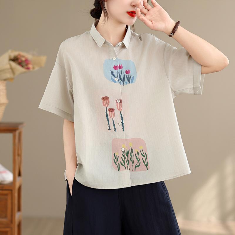 DIMANAF 2026 Women Plus Size New Summer Blouse Shirt Short Sleeve Casual Loose Print Lady Tops Shirts Cotton