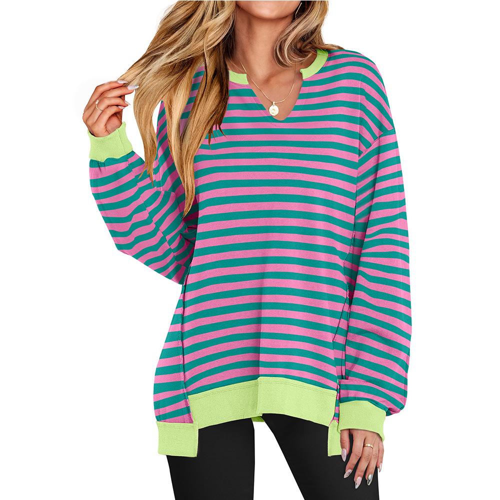 Autumn and Winter Colorful Striped V-neck Loose Sports Women's Hoodies & Sweatshirts