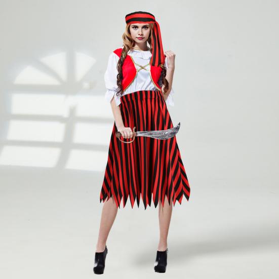 2ks/sada Dámská pirátská cosplay sukně s páskem Nepravidelný lem Elastický pas Pruhovaná sukně Oblečení s renesančním motivem