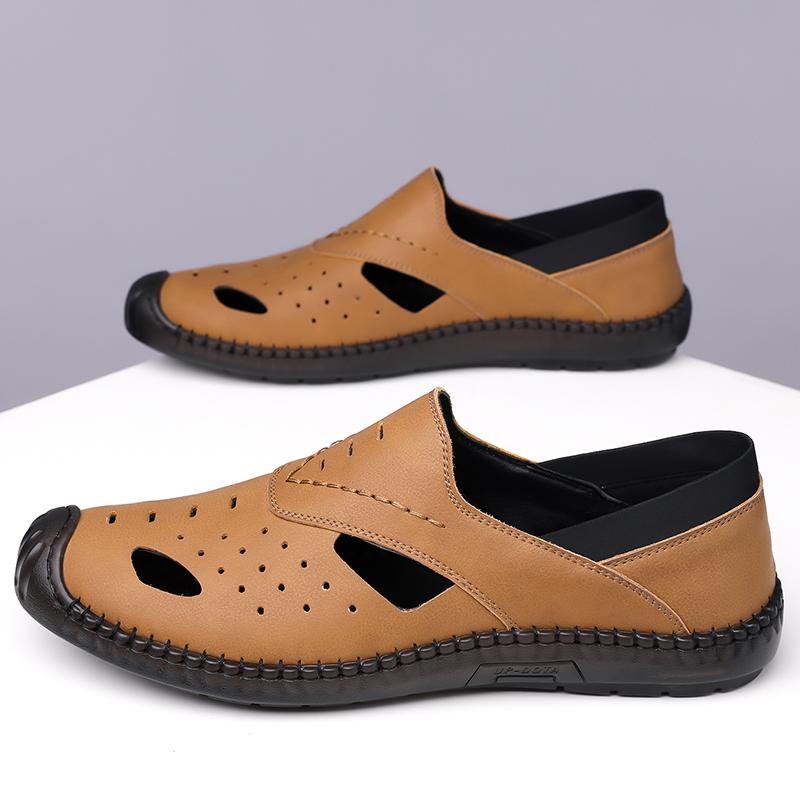 Fashion Hollow Out Leather Mens Loafers Slip on Flats Summer Casual Shoes for Men Moccasins Super Soft Men Sandals Breathable Walk Shoes