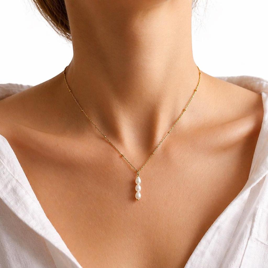 Elegant Y-shaped Gold Plated Natural Pearl Necklace, Stainless Steel, Colorfast, Fashionable and Versatile Clavicle Chain