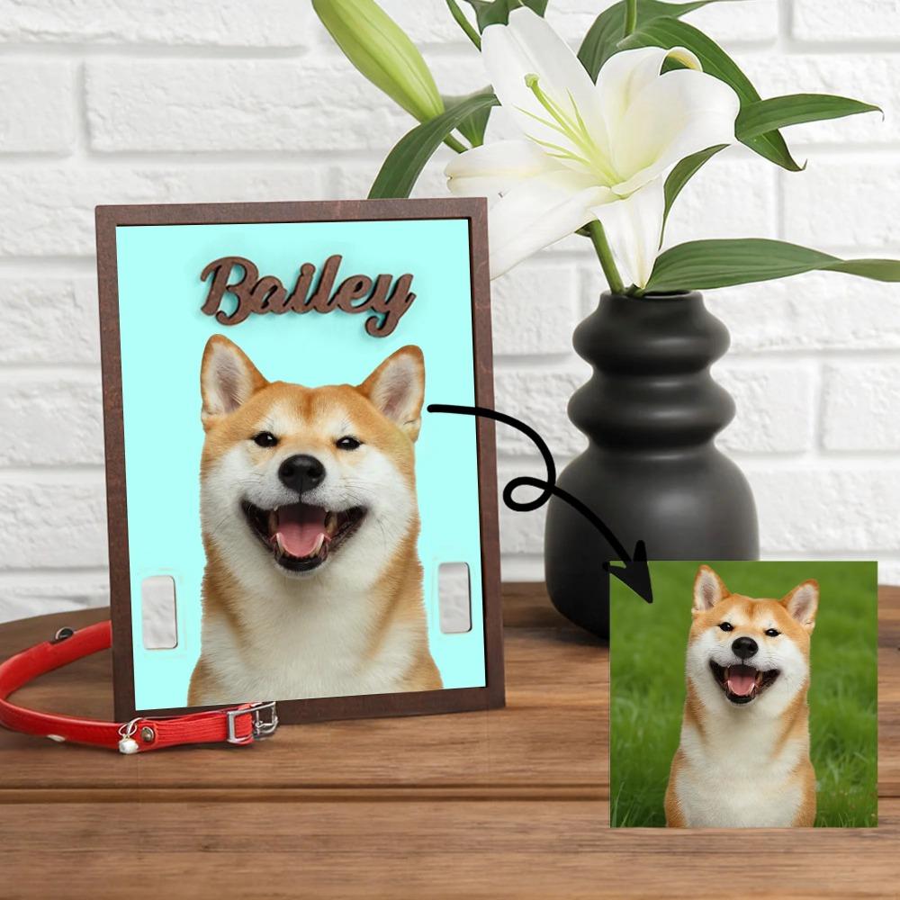 

Personalized Colorful Pet Photo Frame Wooden Collar with Name Engraved for Desktop Nightstand Display Shelf Pet Lover Decoration 30x20cm синий