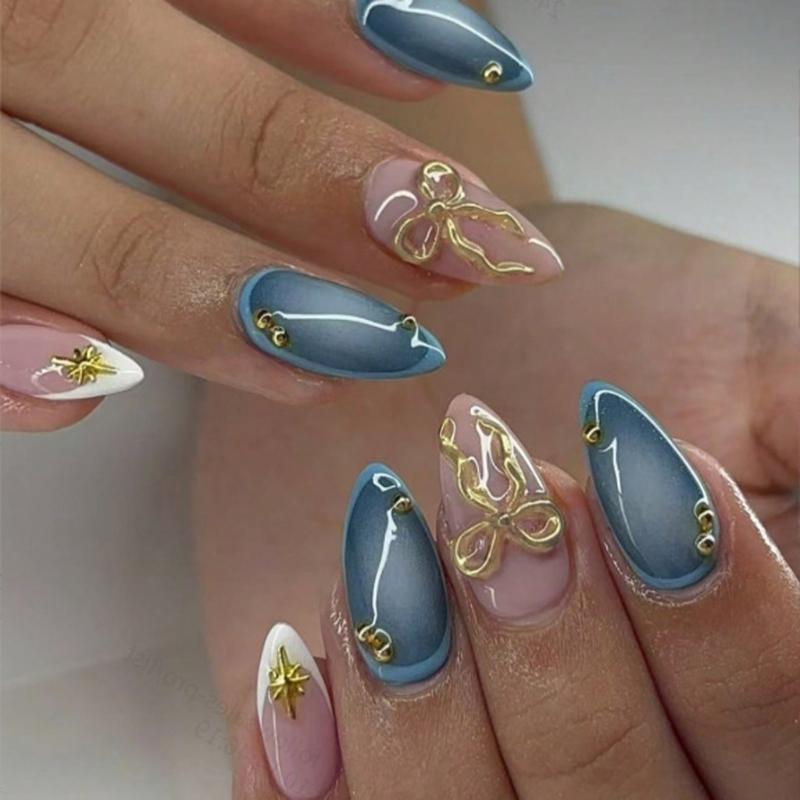 Pack Of 1Set French Style 3D Bows Blue Green Gradient Almond Shape Fake Nail ABS Material For Women