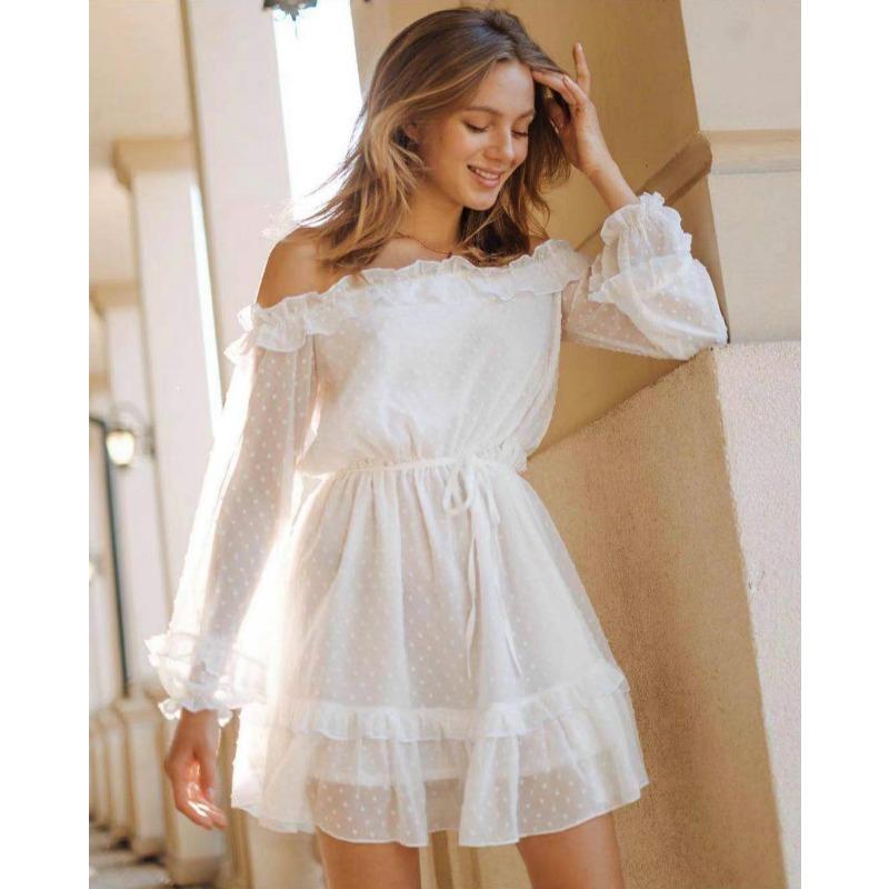 

Женское весеннее шифоновое платье с воротником-стойкой, длинными рукавами, деревянными ушками и оборками S белый