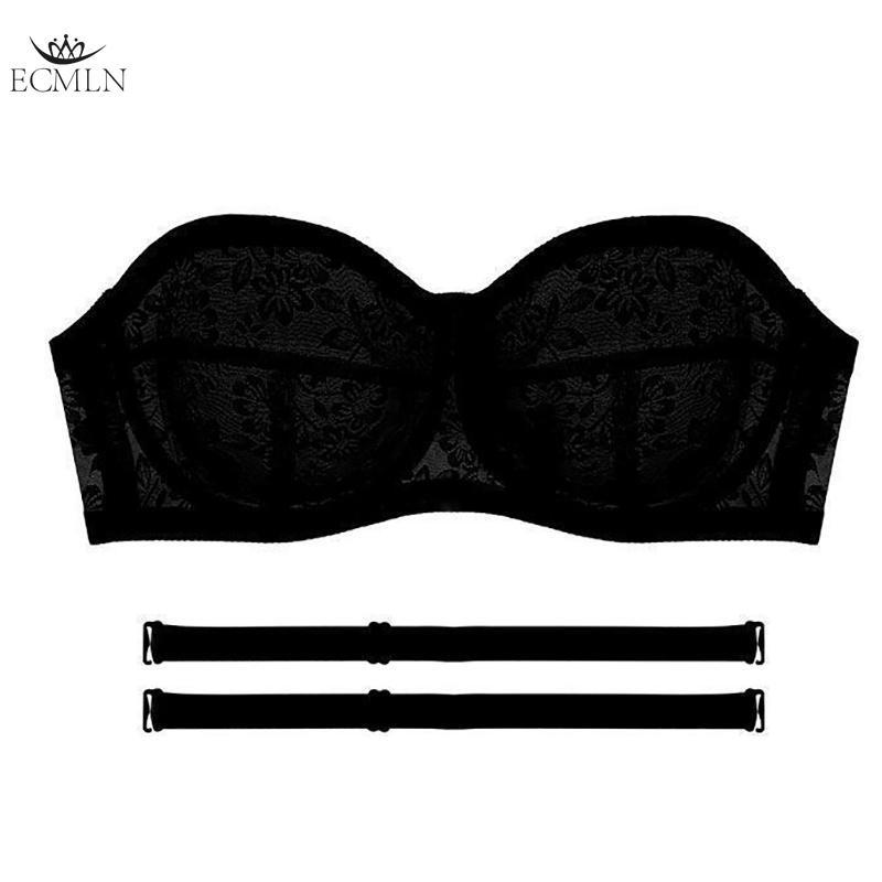

Женский кружевной бюстгальтер без бретелей без подкладки на косточках многосторонний прозрачный M чёрный
