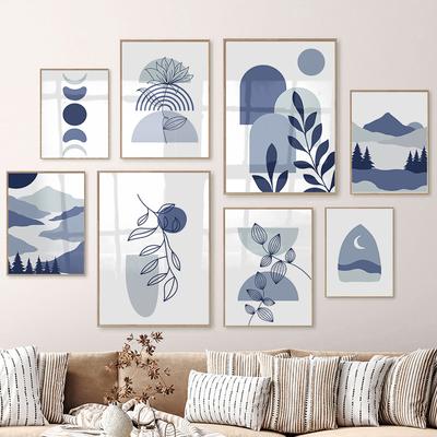 Blaue Boho abstrakte Landschaft Poster und Drucke Geometrie Berg Sonne Linie Blatt Wand Kunst Leinwand Malerei Wohnzimmer Home Decor