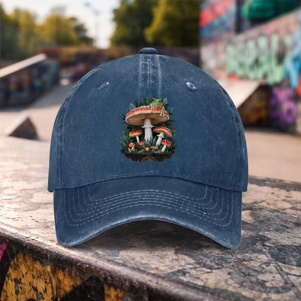 Frog Mushroom Graphic Washed Cotton Baseball Cap Adjustable Distressed Outdoor Casual Hat One Size