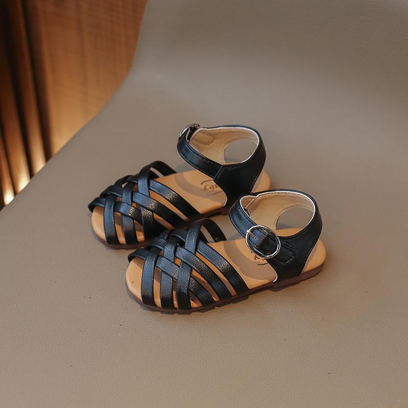 Girls' Sandals 2024 Summer New Children's Buckle Open Toe Beach Shoes Soft Bottom Woven Little Girl Princess Shoes