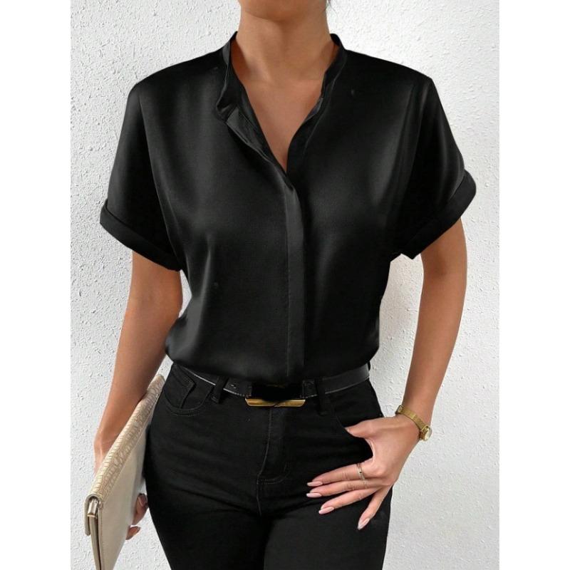 

Летняя атласная женская рубашка с короткими рукавами и воротником-стойкой, свободная повседневная офисная блузка, женская простая 2025, новые однотонные топы, одежда 3426 S чёрный