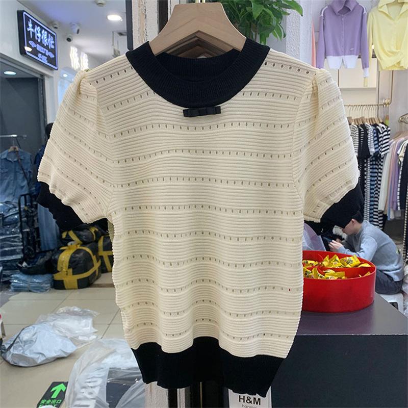 

Весенне-летний цветной свитер с короткими рукавами, трикотажный свитер с короткими рукавами, женский, с укороченным низом, тонкие топы, повседневные облегающие свитера, футболки One Size абрикосовый