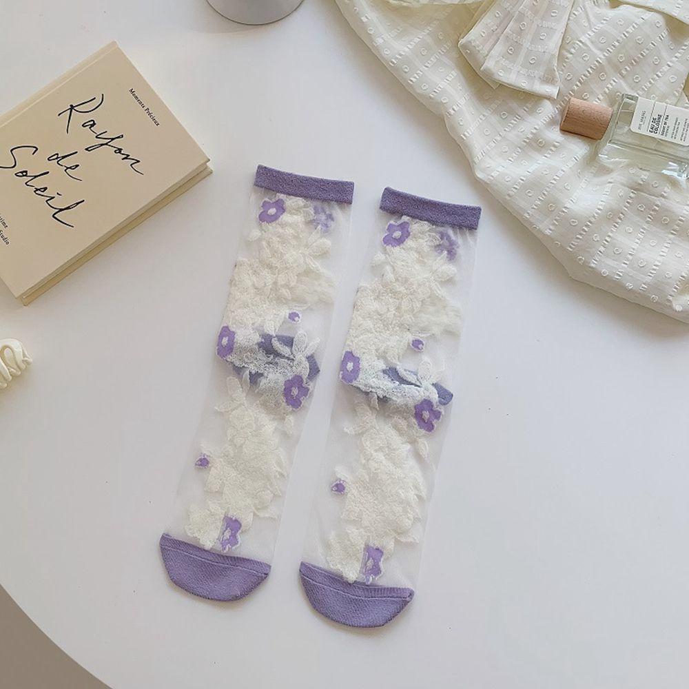 Korean Embroidery Crystal Silk Socks Middle Tube Socks Floral Hosiery Women's Socks Flower Socks