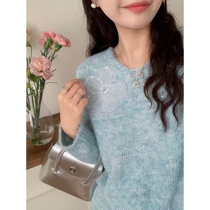 

Блестящий трикотажный свитер с объемным цветочным дизайном, весенний, новый, милый и нежный свитер-пуловер для женщины one size fits all синий