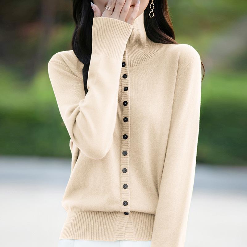 Women's Thick Knit High Collar Cardigan Sweater - Autumn/Winter Loose Long Sleeve Buttoned Jacket